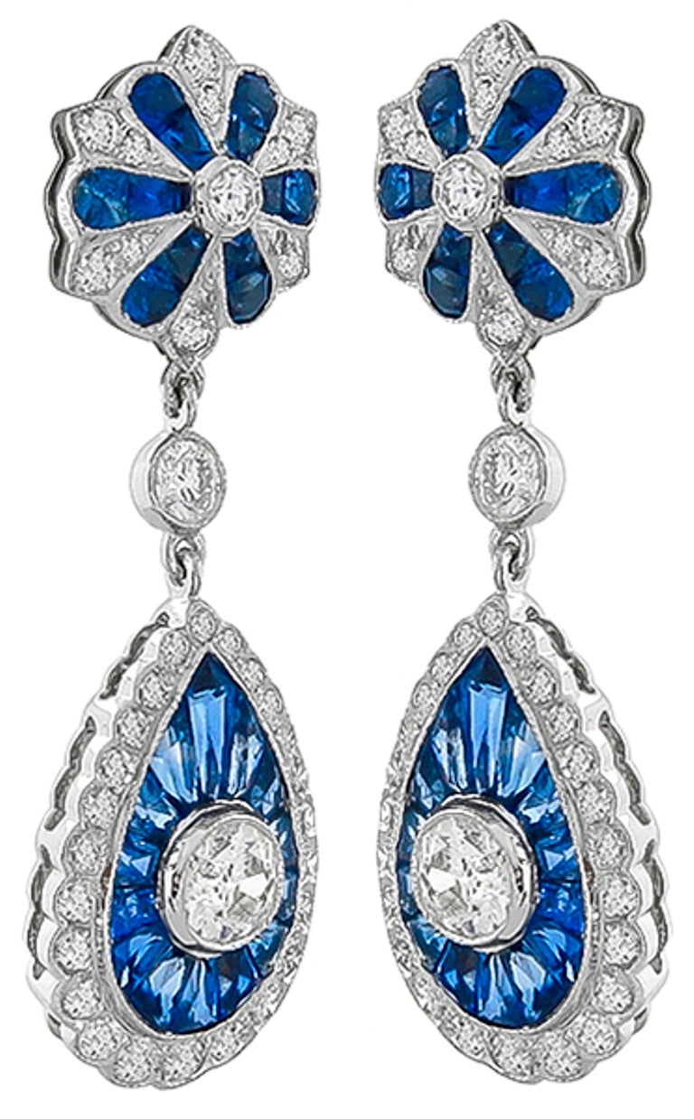 Modern Sapphire Diamond Gold Drop Earrings