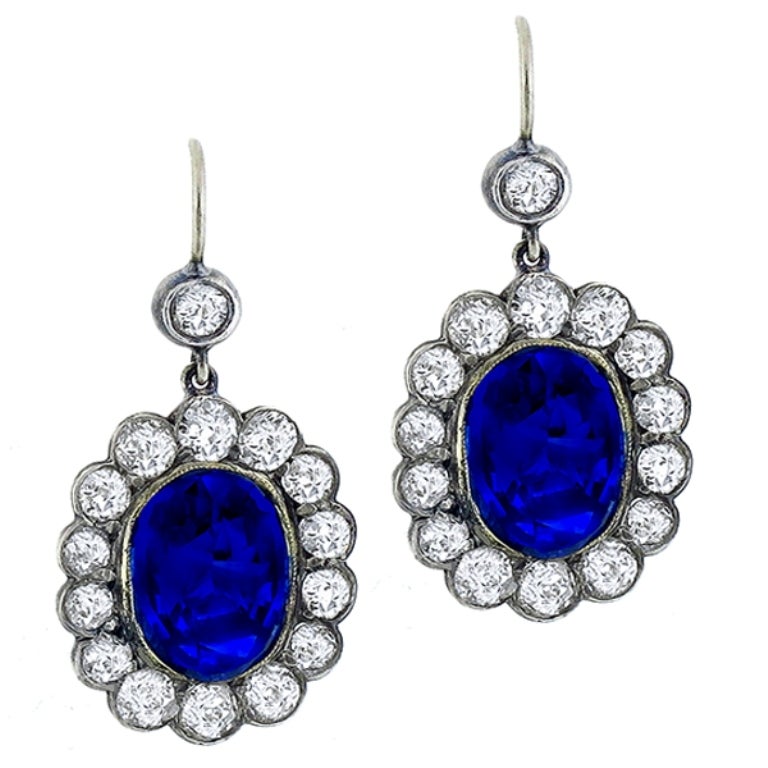 Revival Sapphire Diamond Cluster Earrings For Sale