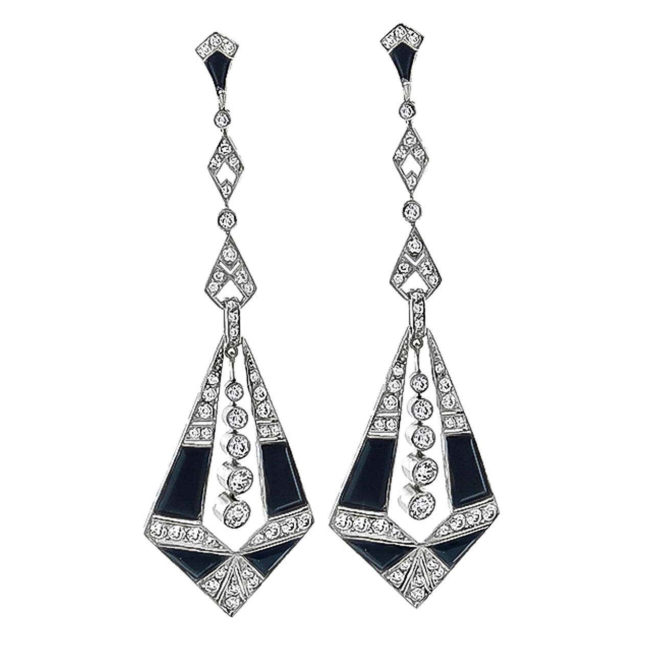 Onyx Diamond Platinum Chandelier Earrings For Sale at 1stDibs