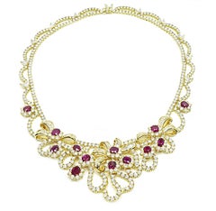 AGL Certified 18k Yellow Gold Ruby Diamond Necklace, 18.00ct Rubies
