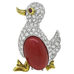 Vintage Missiaglia 1960s Coral Diamond Duck Brooch, 18k Gold, 2.00ct