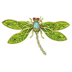 Exquisite Opal Diamond 14K Yellow Gold Plique-à-Jour Dragonfly Pin