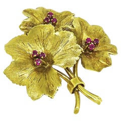 Tiffany & Co. 18k Yellow Gold Ruby Floral Brooch, Italy, 15.8g