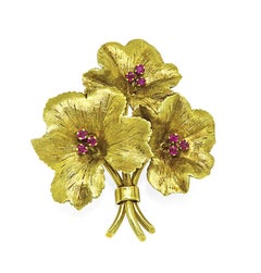 Tiffany & Co. 18k Yellow Gold Ruby Floral Brooch, Italy, 15.8g