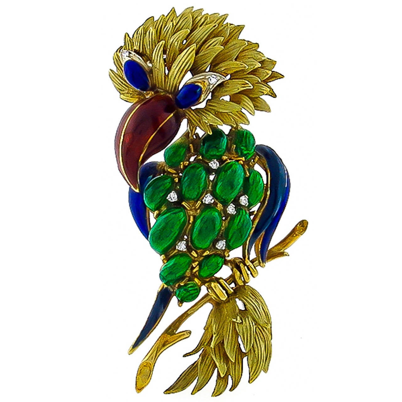 1960s Multi Color Enamel Diamond Gold Parrot Pin For Sale