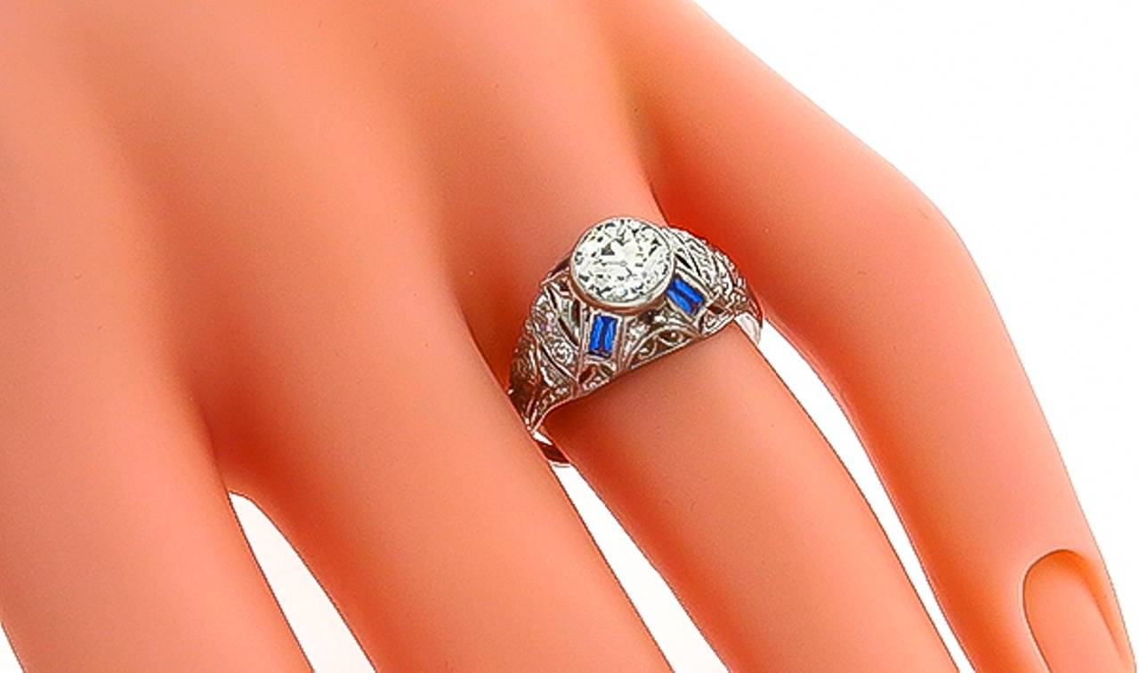Women's Art Deco 1.03 Carat Old European Cut Diamond Sapphire Platinum Ring For Sale