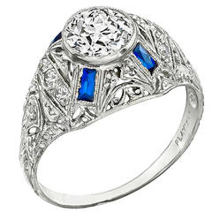 Art Deco 1.03 Carat Old European Cut Diamond Sapphire Platinum Ring
