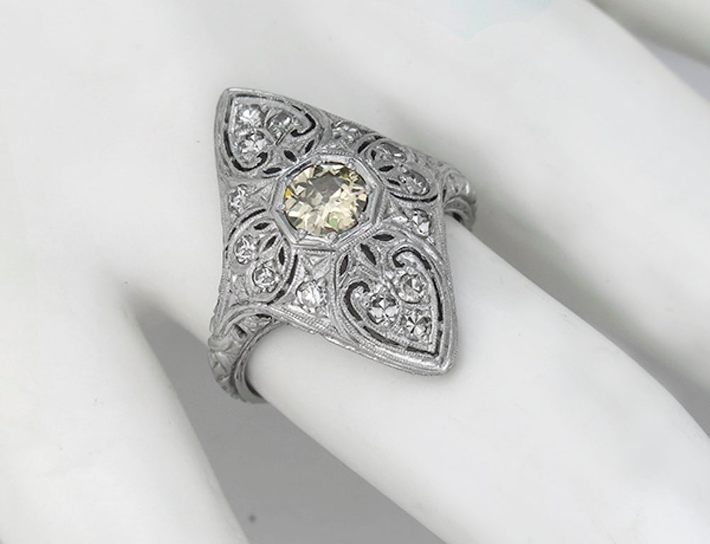 Art Deco Antique Natural Fancy Yellow Diamond Platinum Ring