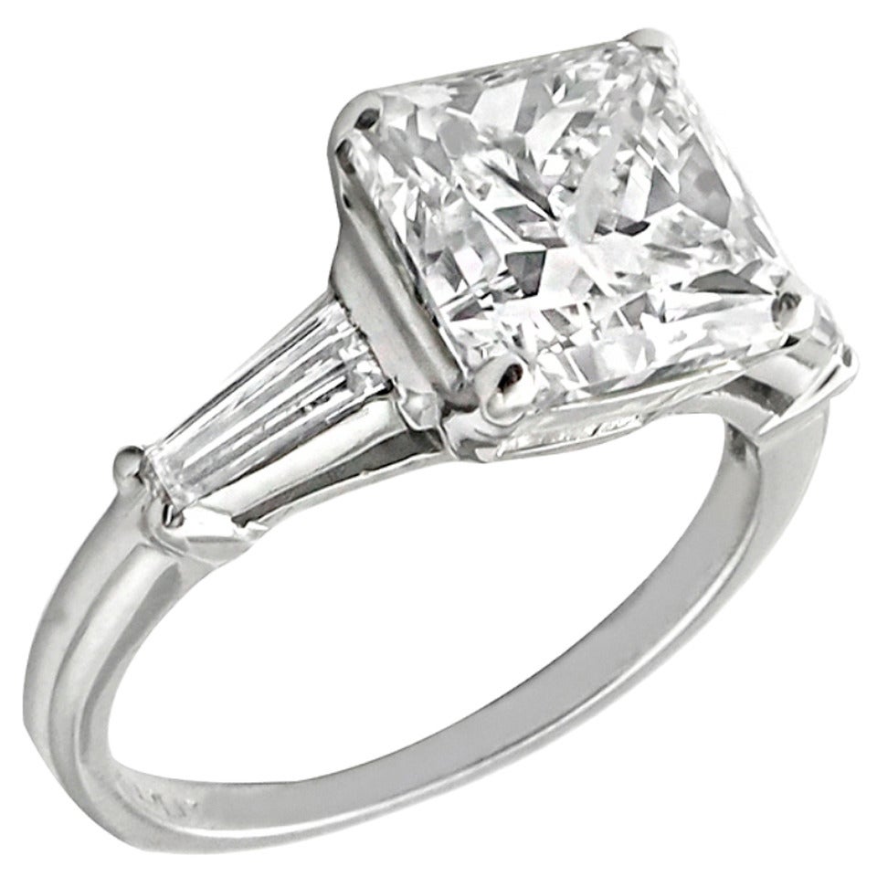3.38 Carat Princess Cut Diamond Platinum Engagement Ring For Sale