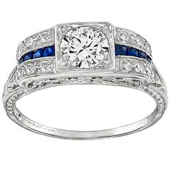 Art Deco Old Mine Cut Diamond Sapphire Platinum Engagement Ring 10