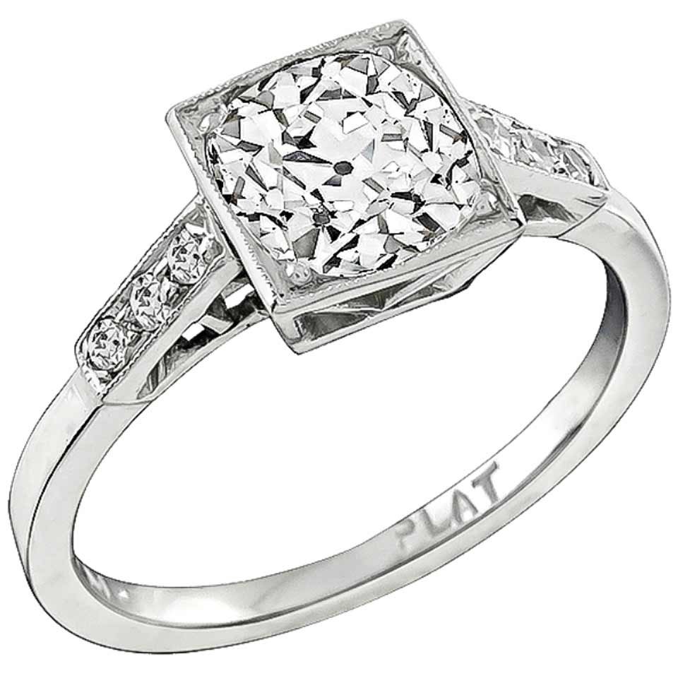 1.61ct. Old Mine Cut Diamond Platinum Engagement Ring For Sale