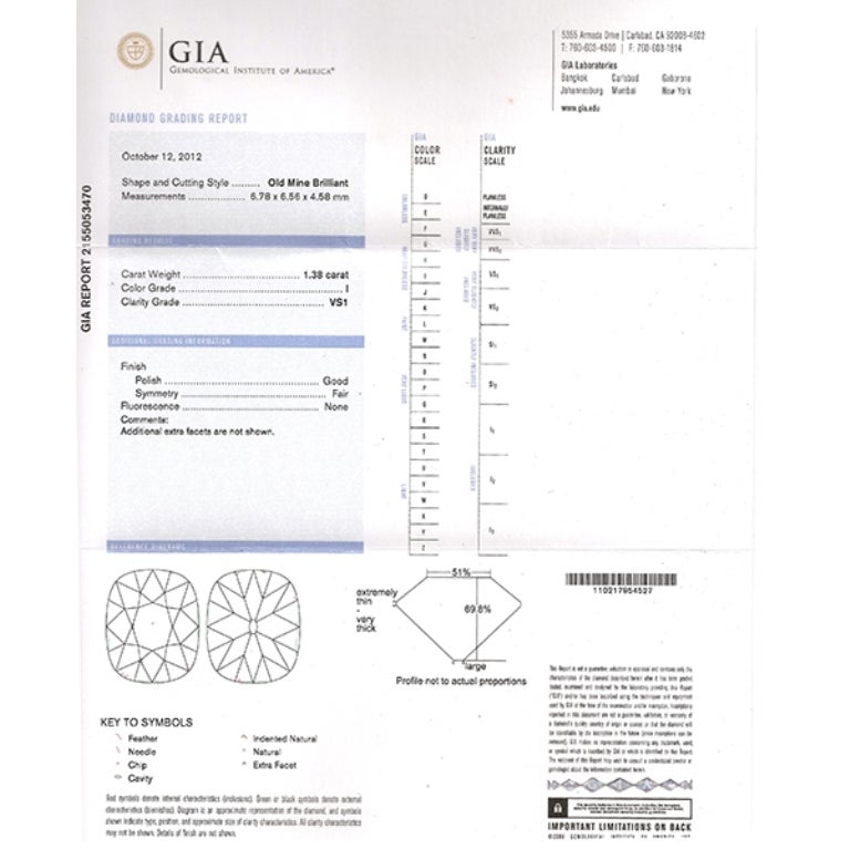 GIA 1.38 Carat Old Mine Brilliant Diamond Platinum Ring (bague en platine) Pour hommes en vente