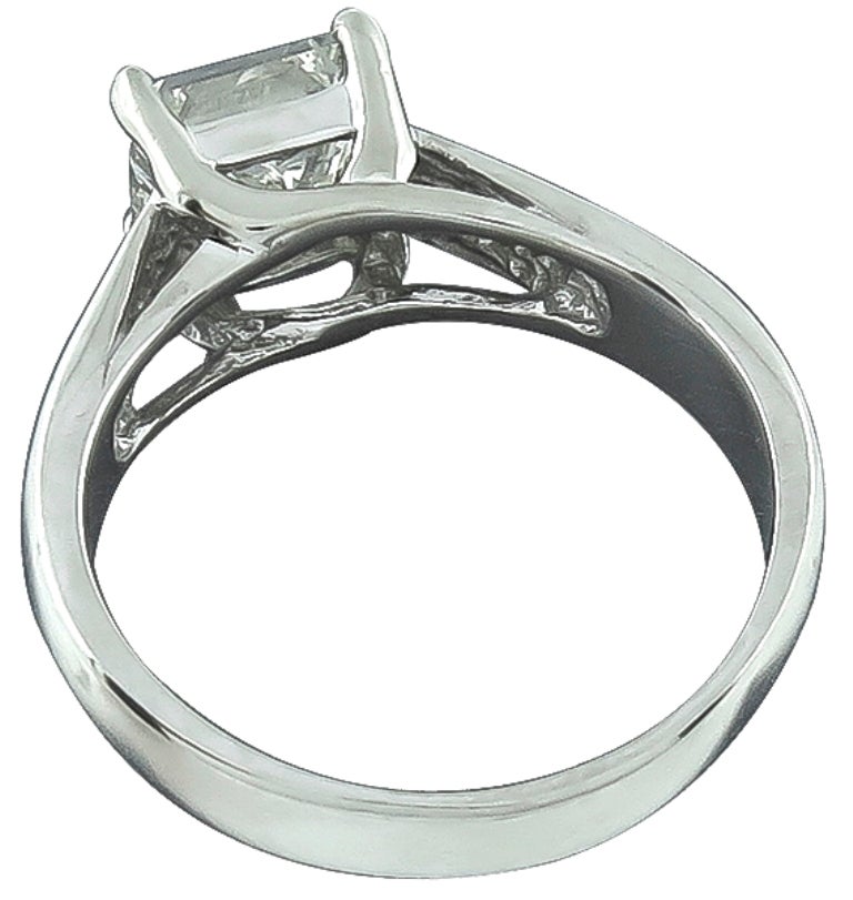 Made of 14k white gold, this ring features a sparkling EGL certified princess cut diamond that weighs 2.24ct. and is graded K color with SI1 clarity. The ring has a tapering width from 4mm to 8mm, and is stamped 14K.
It is currently size 8 1/2, and