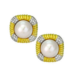 Mabe Pearl Diamond Two Color Gold Earrings