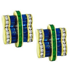 Charles Krypell Sapphire Emerald Diamond Gold Earrings