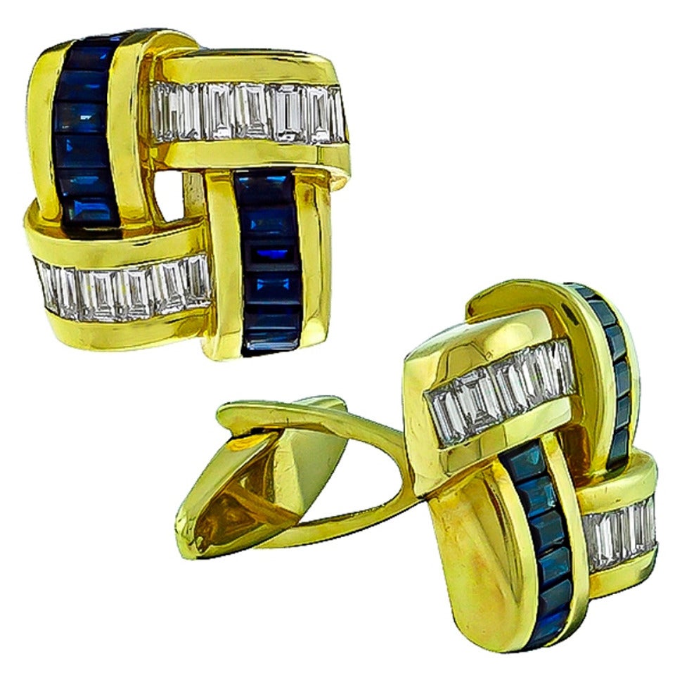 Charles Krypell Sapphire Diamond Gold Cufflinks