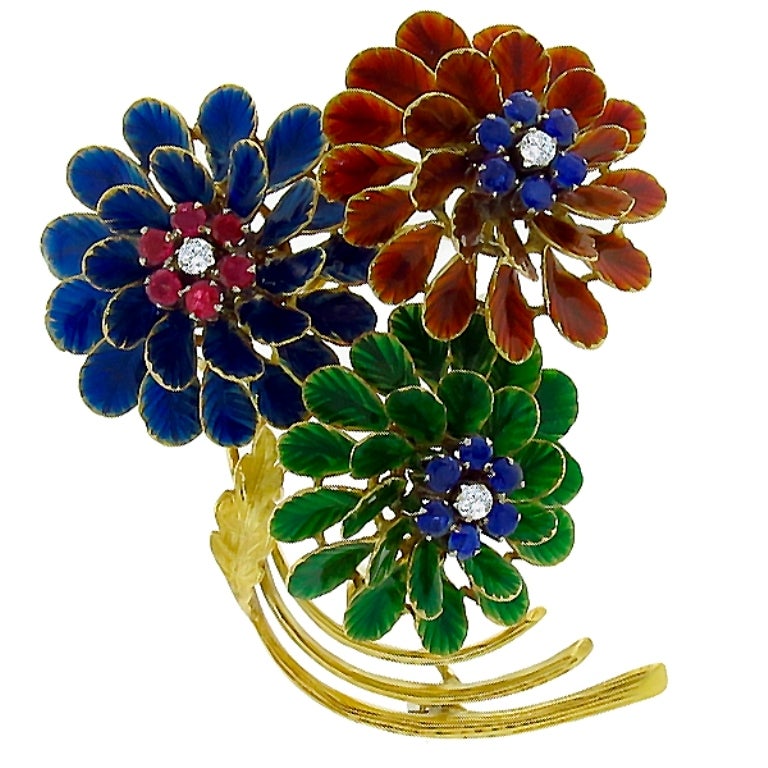 Women's Multi Color Enamel Sapphire Ruby Diamond Gold Flower Pin