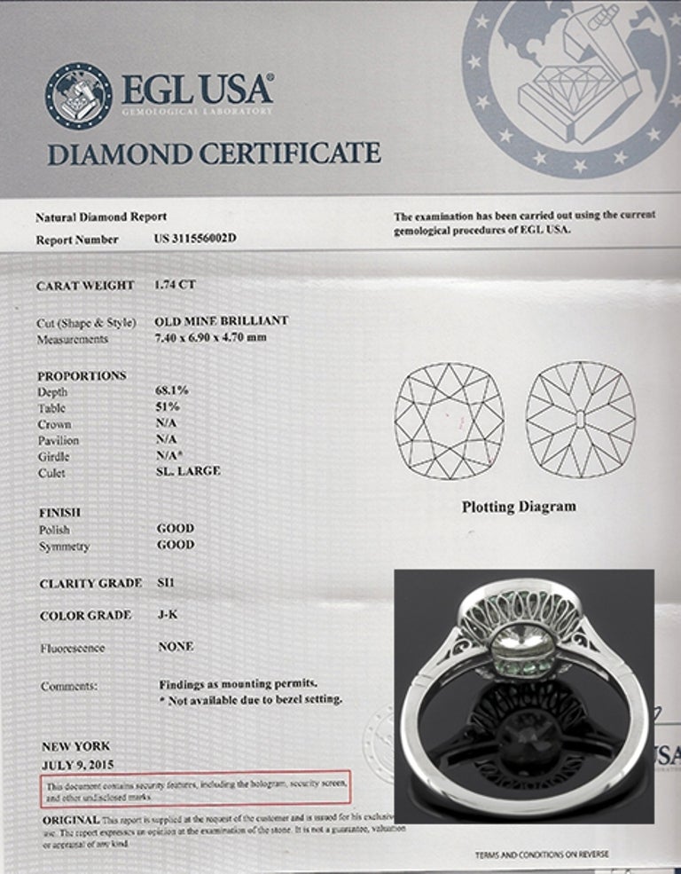 Women's 1.74 Carat Emerald Diamond platinum Engagement Ring