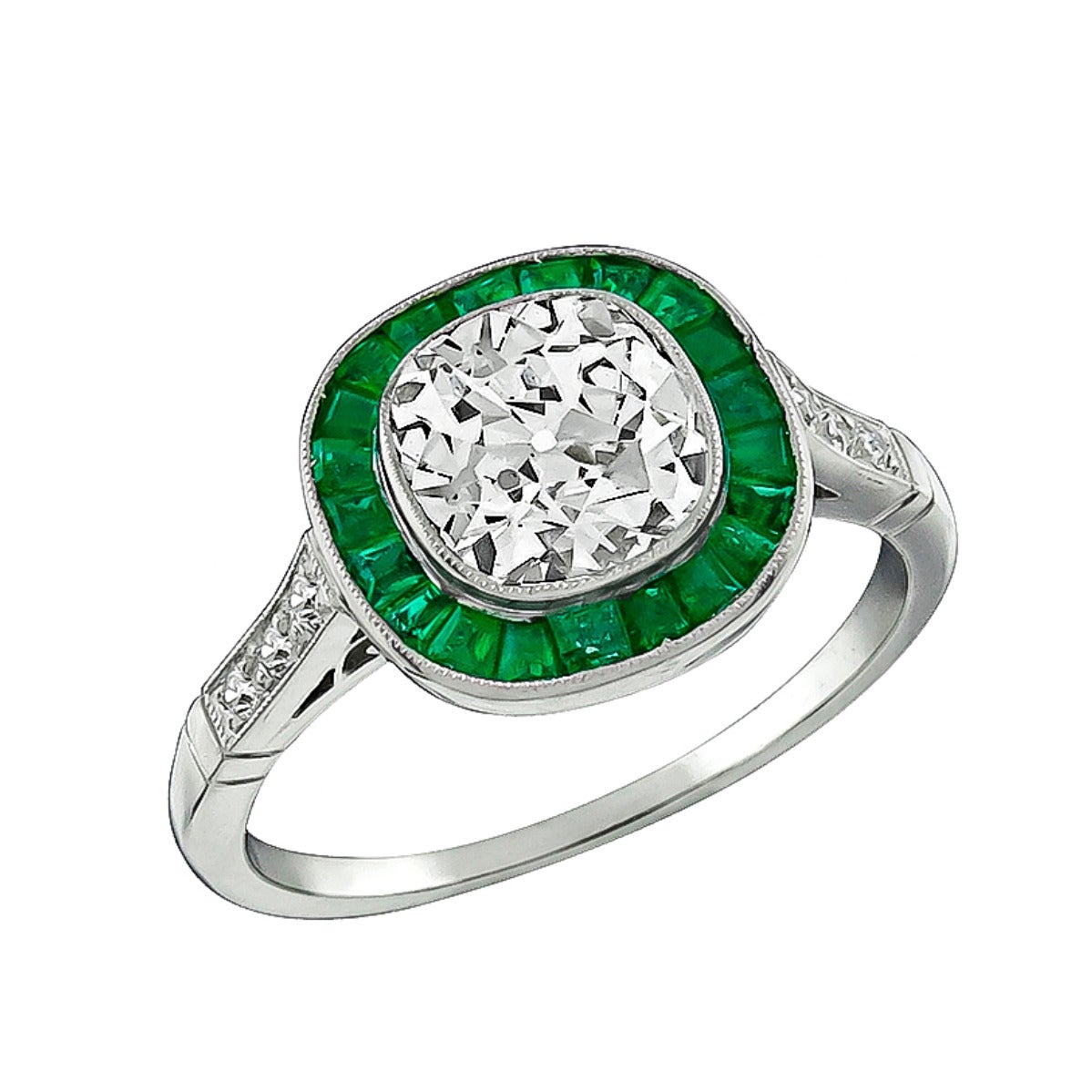 1.74 Carat Emerald Diamond platinum Engagement Ring For Sale at 1stDibs