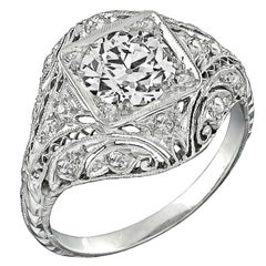 Art Deco 1.22 Carat Old European Cut Diamond Platinum Engagement Ring