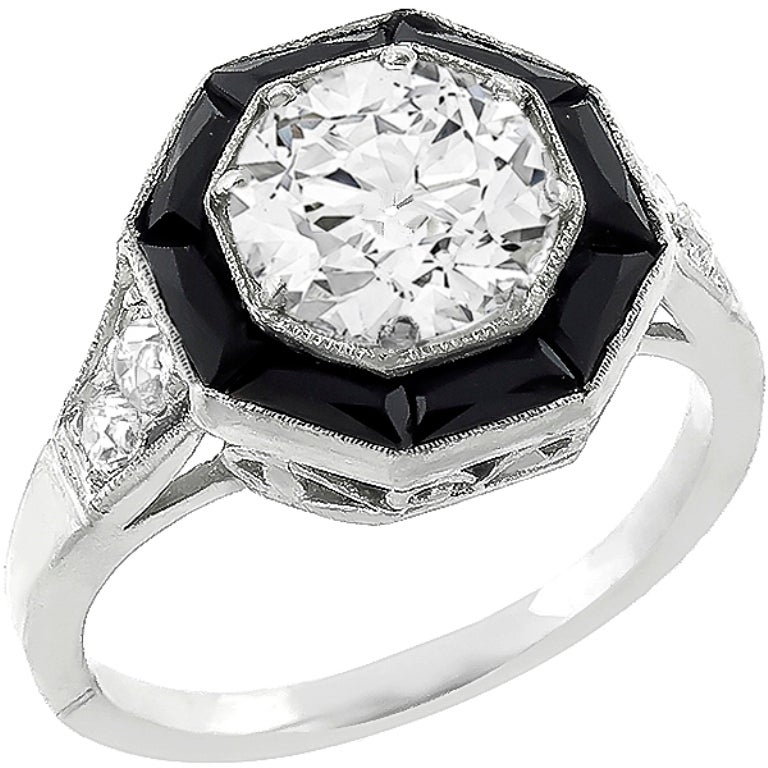 1.74ct Old Mine Cut Diamond Onyx Platinum Ring