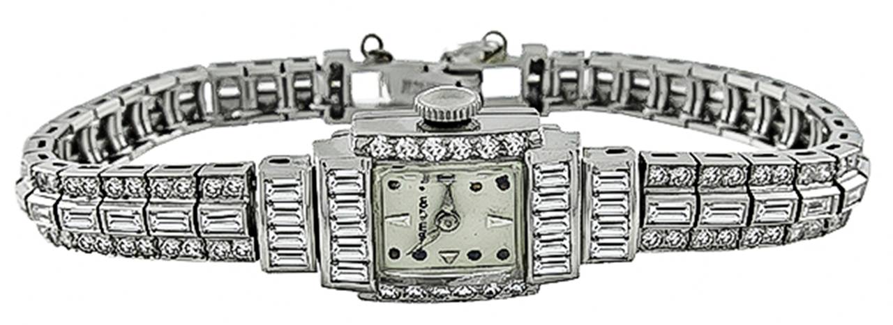 Hamilton Lady's Platinum 5.50 Carat Diamond Bracelet Wristwatch In Excellent Condition In New York, NY