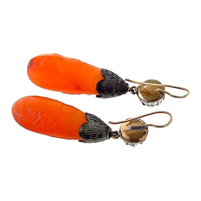 Victorian Carnelian Diamond Silver Gold Earrings In New Condition In New York, NY