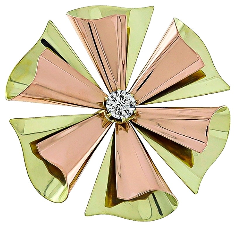 Retro 1.27 Carat Diamond Two Tone Gold Pin Brooch In New Condition For Sale In New York, NY