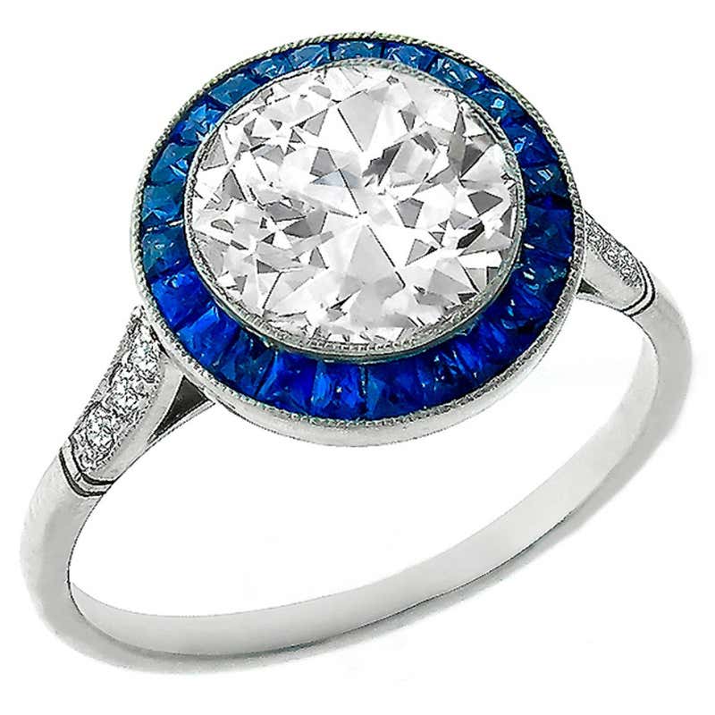 2.01ct. Old European Cut Diamond Sapphire Engagement Ring For Sale at ...