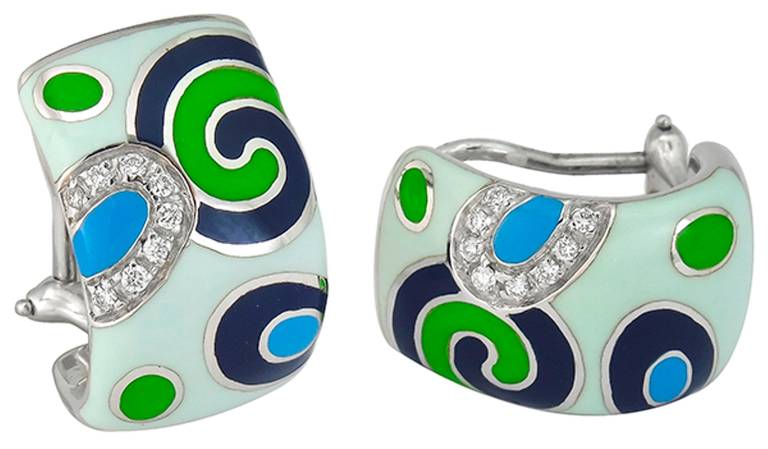 Made of 18K white gold, these earrings feature blue and green enamel, accentuated by round cut diamonds weighing approximately .50 carat.

Inventory #51650OSS