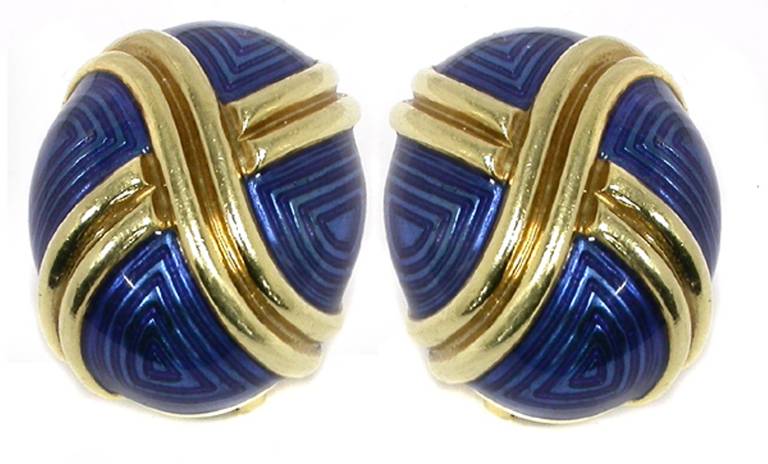 Blue Enamel Gold Cocoon Earrings In Excellent Condition In New York, NY