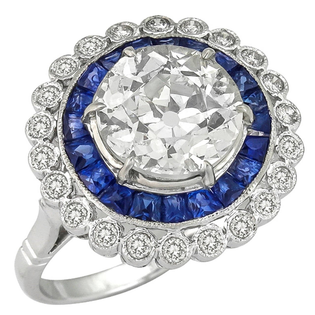 2.58 Carat Old European Cut Diamond Sapphire Gold Engagement Ring