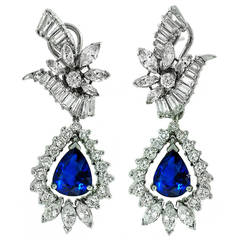 Pear Shaped Sapphire Diamond Gold Dangle Earrings