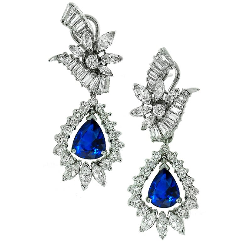 Women's Pear Shaped Sapphire Diamond Gold Dangle Earrings