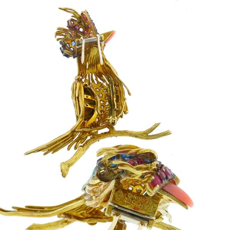 Enamel Ruby Sapphire Diamond Gold Bird Pin In Excellent Condition In New York, NY
