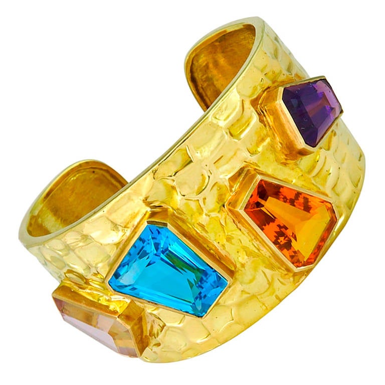 Semi Precious Stones Gold Cuff Bangle 1970s