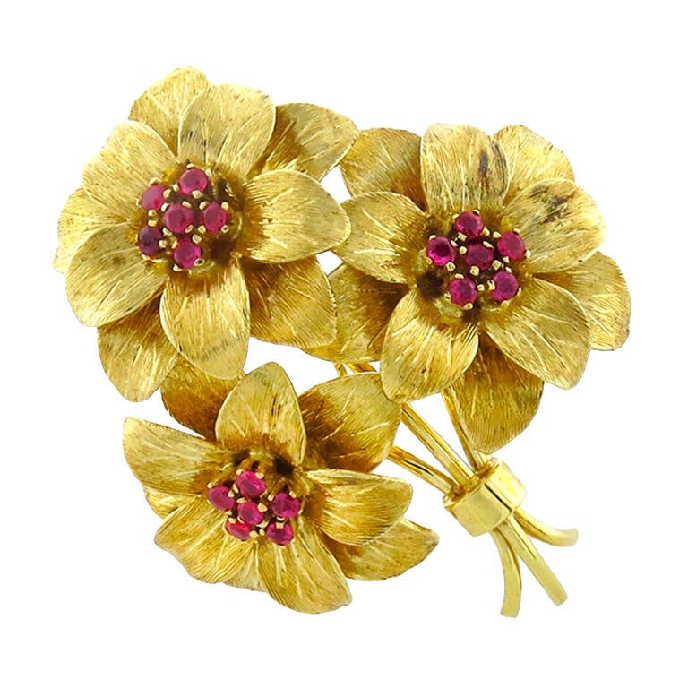 Tiffany & Co. Ruby Gold Flower Pin