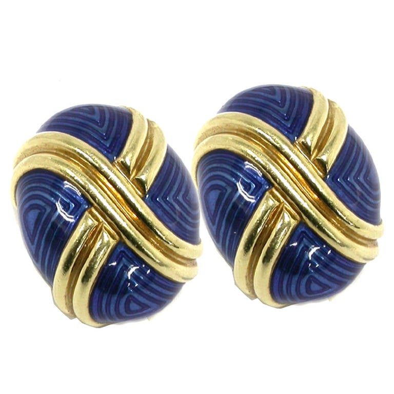Blue Enamel Gold Cocoon Earrings