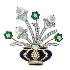 Pearl Onyx Mother of Pearl Emerald Diamond  Floral Vase Pin