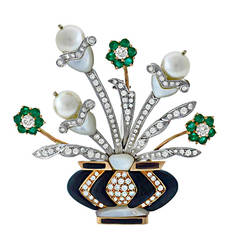 Pearl Onyx Mother of Pearl Emerald Diamond Floral Vase Pin 2