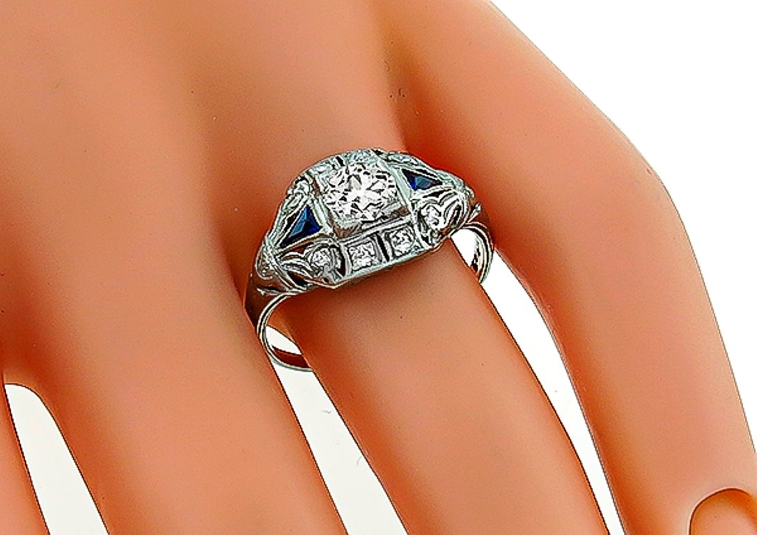 Old European Cut Art Deco Sapphire Diamond Platinum Engagement Ring