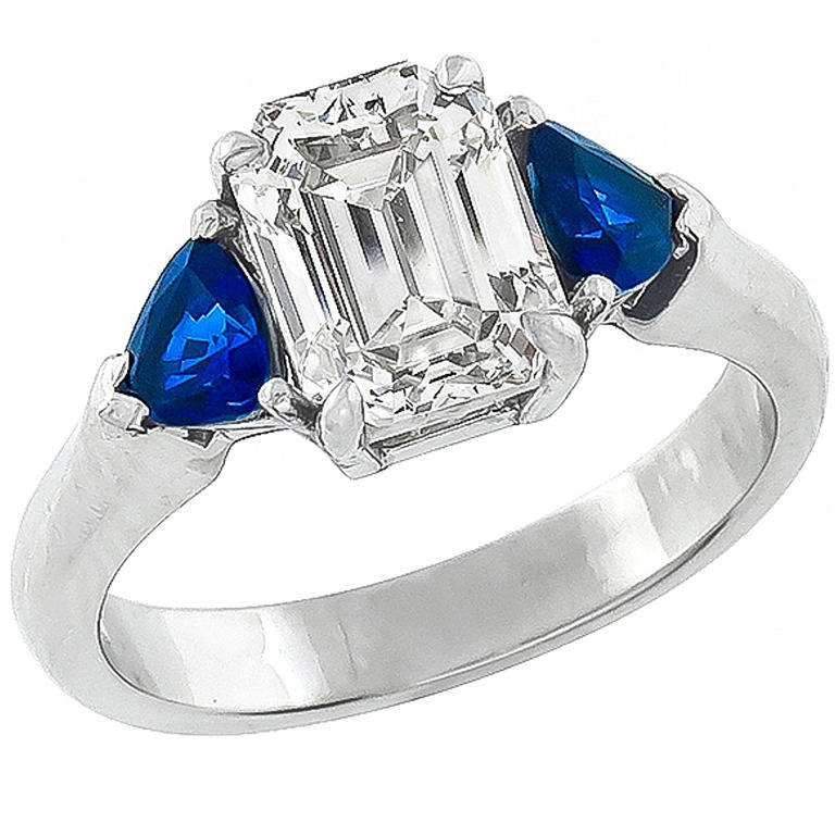 1.94 Carat GIA Cert Emerald Cut Diamond Sapphire platinum Ring