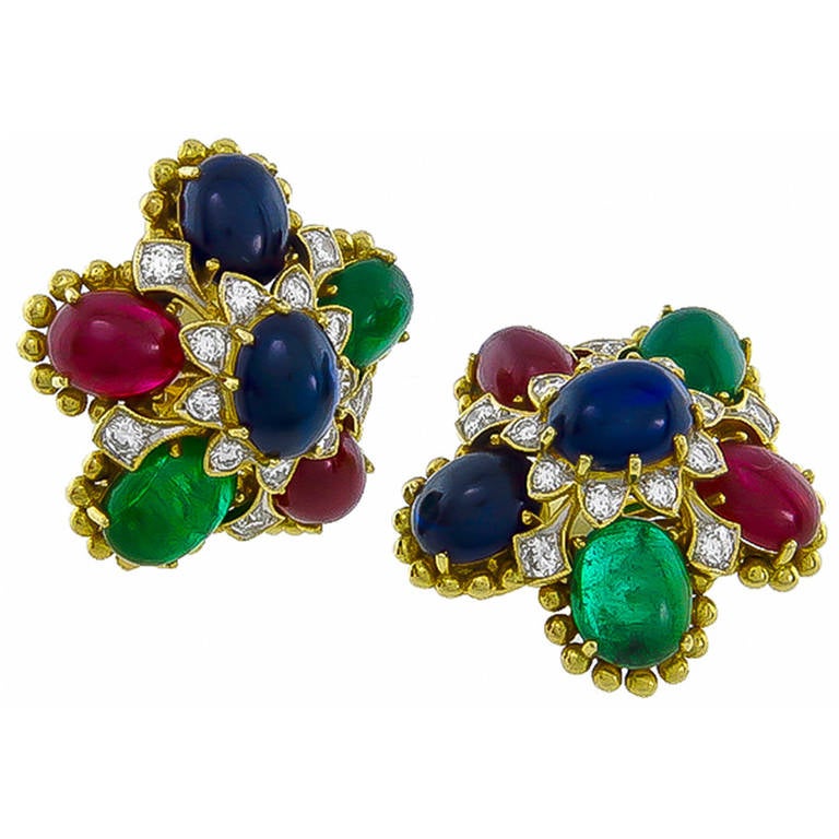 Emerald Sapphire Ruby Diamond Earrings In Excellent Condition In New York, NY