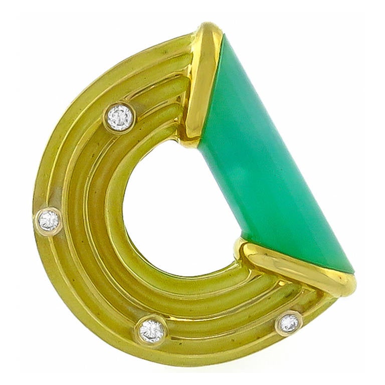 Christopher Walling Jade Diamond Gold Pin In Excellent Condition In New York, NY