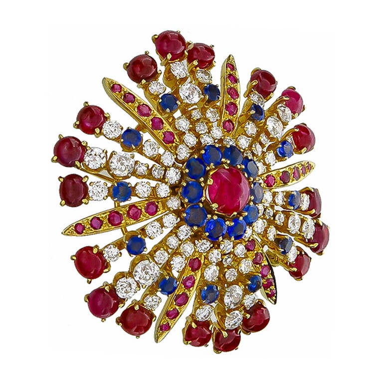 Ruby Sapphire Diamond Yellow Gold Pin In Excellent Condition In New York, NY