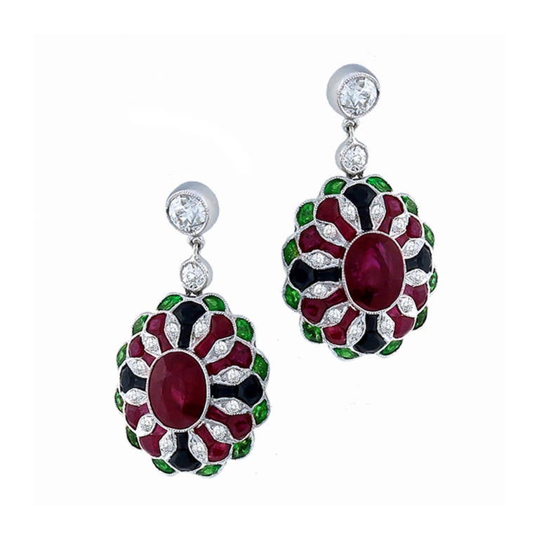 Antique Style Tsavorite Onyx Ruby Diamond Earrings In Excellent Condition In New York, NY