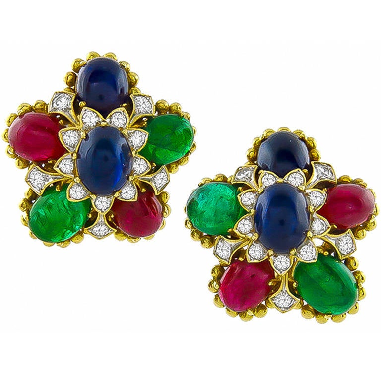 Emerald Sapphire Ruby Diamond Earrings