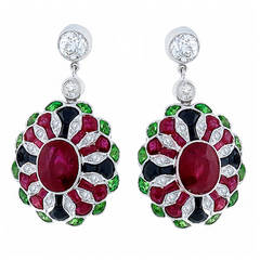 Antique Style Tsavorite Onyx Ruby Diamond Earrings