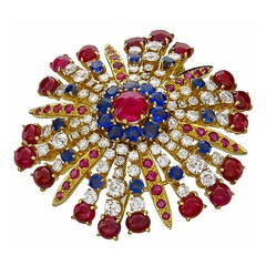 Ruby Sapphire Diamond Yellow Gold Pin