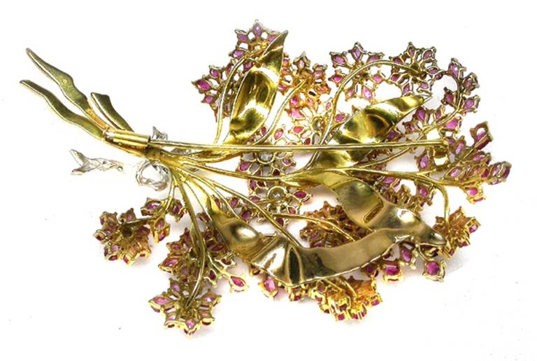 1960s Diamond Ruby Gold Flower Bouquet Pin In Excellent Condition In New York, NY